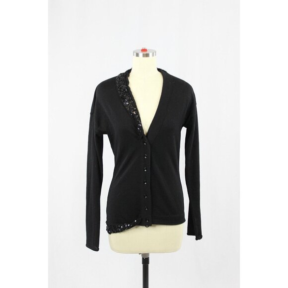 Vintage 90's CHRISTIAN DIOR Black Wool Knit Sequin Trim V-Neck Sweater, Size 6 - Picture 1 of 14